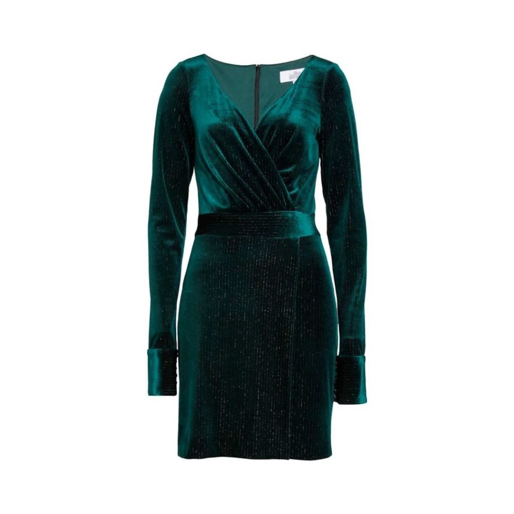 Badgley Mischka – Velvet Metallic Pinstripe Faux Wrap Dress – Emerald Green